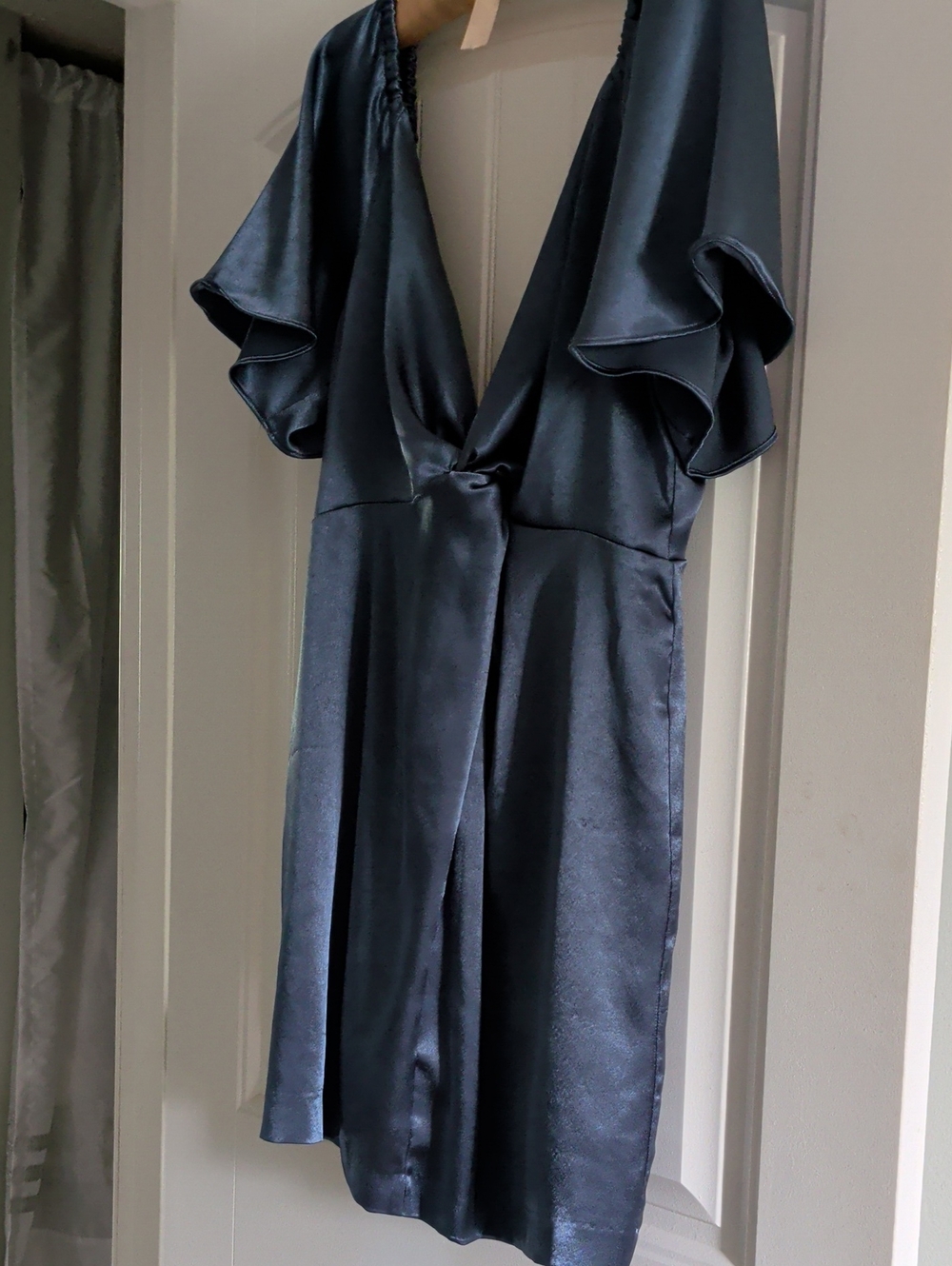 Free People Satin-feel V-Neck Tie-Back Dress in Teal With Flutter Sleeves